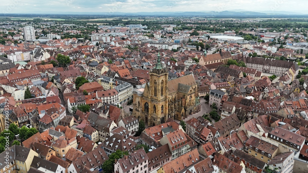 Fototapeta premium St Martin's Church, Colmar, France drone, aerial