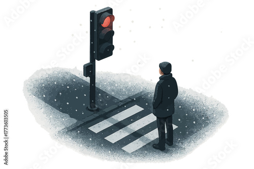 Male figure waiting at snowy crosswalk during red light