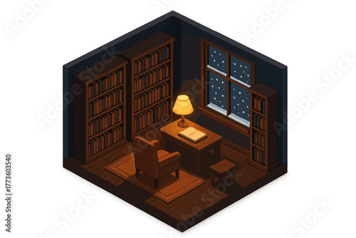 Cozy isometric reading room with bookshelves and snowy window view