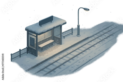 Snowy train station platform at night with empty bench and street lamp