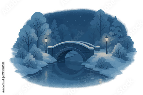 Snowy night bridge with lanterns and trees