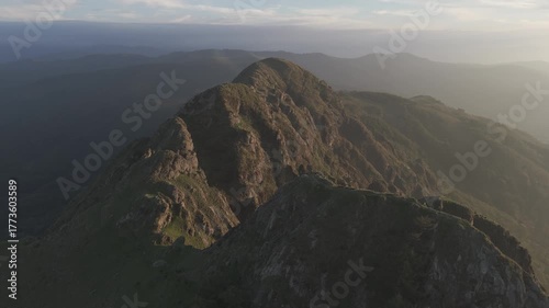 Drone view of Aiako Harriak three peaks at the evening, at the Basque Country.	