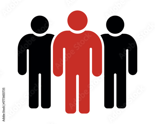 Leadership and individuality concept. Red person standing between two black people icons. Symbol of leader, teamwork, difference, success, and influence. Simple flat design