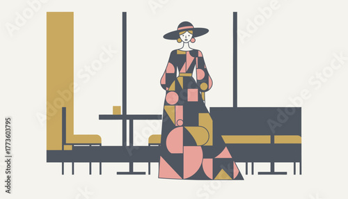 An elegant fashion avatar dressed in haute couture featuring intricate textures and patterns positioned in a chic urban cafe.