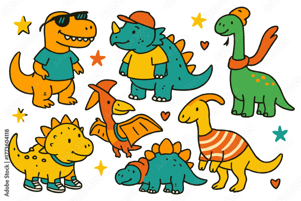 Obraz premium Dinosaurs flat icon set. featuring t-rex, triceratops, pterodactyl, stegosaurus, brachiosaurus, parasaurolophus