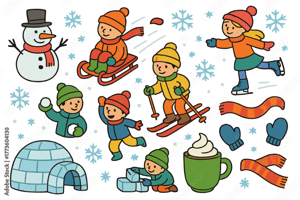Fototapeta premium Winter activities flat icon set. featuring snowman, sledding, skiing, ice skating, snowball, igloo, hot cocoa, scarf, mittens