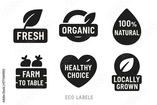 Eco labels silhouette icon set. featuring fresh, organic, natural, farm to table, healthy choice, locally grown