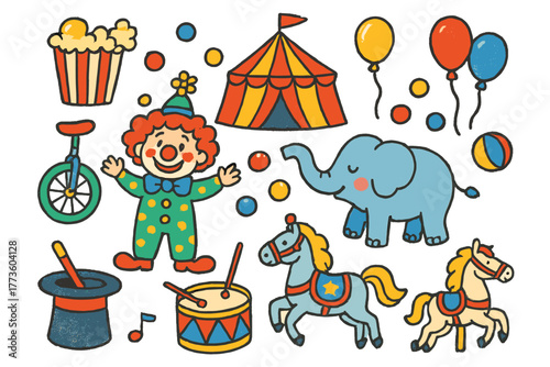 Circus elements flat icon set. featuring clown, tent, popcorn, elephant, balloons, unicycle, drum, and hat symbols