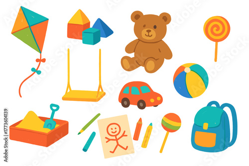 Playful items flat icon set. featuring kite, blocks, teddy bear, candy, sandbox, swing, car, and backpack