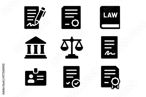 Legal silhouette icon set. featuring contract, document, law book, courthouse, scale, id card, certificate symbols