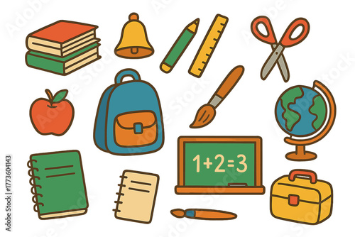 Education flat icon set. featuring books, bell, pencil, scissors, apple, backpack, ruler, brush, globe