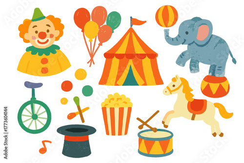 Circus themed flat icon set. featuring clown, balloons, tent, elephant, unicycle, popcorn, horse, drum, and hat