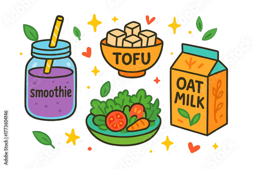 Vegan food flat icons set. featuring smoothie, tofu, salad, and oat milk.