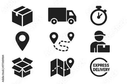 Delivery and shipping silhouette icon set. featuring package, truck, stopwatch, location, map, courier, express icons