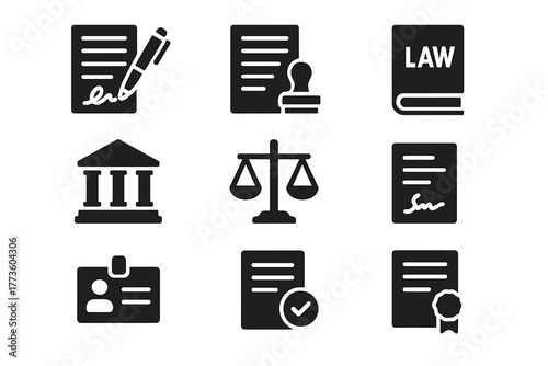 Legal documents silhouette icon set. featuring contract, signature, law book, scale, id card, and diploma symbols