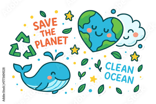 Eco-friendly flat icon set. featuring earth, whale, cloud, recycling, leaves, hearts, stars, and ocean symbols