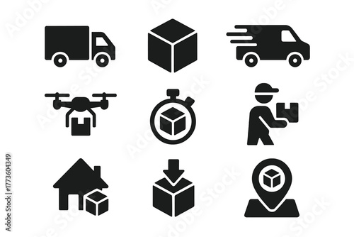 Delivery service silhouette icon set. featuring truck, package, drone, stopwatch, courier, house, and location symbols
