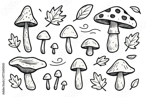 Nature elements linear icon set. featuring mushrooms, leaves, and autumn symbols.