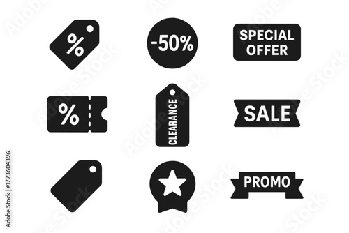 Shopping sale silhouette icon set. featuring tag, discount, special offer, clearance, sale, and promo symbols