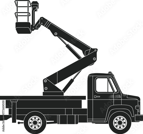 Illustration of bucket truck with hydraulic arm, construction utility vehicle, aerial lift platform, heavy equipment, isolated, industrial, service