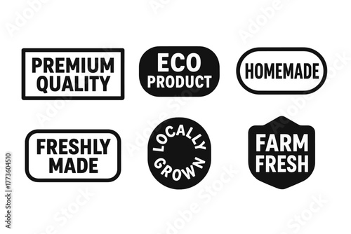 Food labels silhouette icons set. featuring premium quality, eco product, homemade, freshly made, locally grown, farm fresh symbols