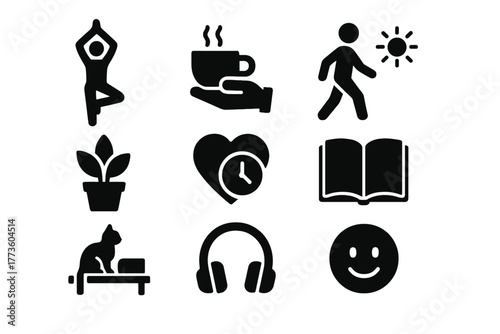Wellness lifestyle silhouette icon set. featuring yoga, coffee, walking, plant, heart, book, cat, headphones, smile