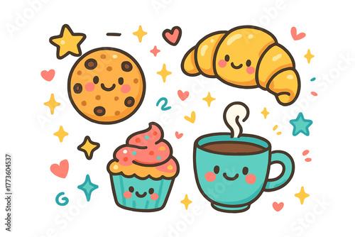 Cute bakery flat icons set. featuring cookie, croissant, cupcake, and coffee symbols