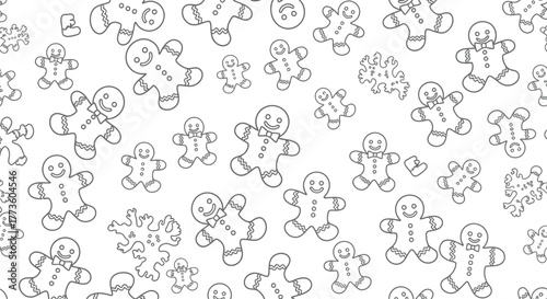 Seamless pattern of gingerbread man and snowflake isolated on white background