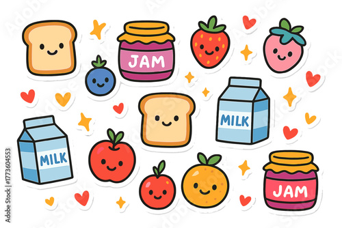 Breakfast foods flat icon set. featuring toast, jam, strawberry, milk, blueberry, apple, and orange symbols