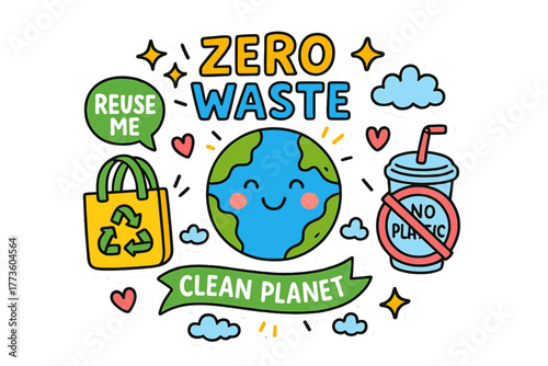 Eco-friendly lifestyle flat icon set. featuring zero waste, recycle, no plastic, clean planet, and reuse symbols