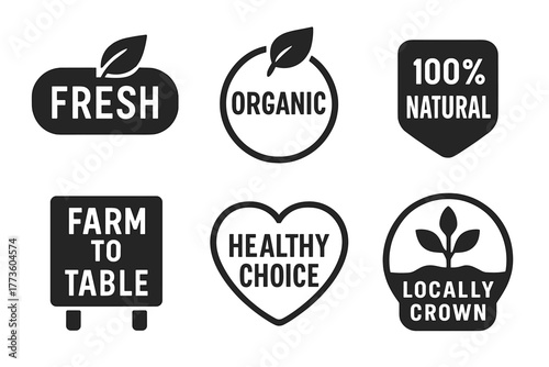 Organic produce silhouette icon set. featuring fresh, organic, 100 natural, farm to table, healthy choice, locally grown symbols
