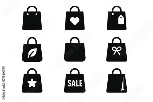 Shopping bags silhouette icon set. featuring gift, sale, eco, heart, star, and tag symbols