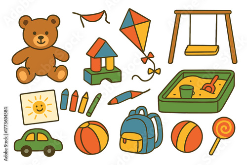 Children's toys flat icons set. featuring teddy bear, building blocks, kite, swing, sandbox, backpack, and crayons
