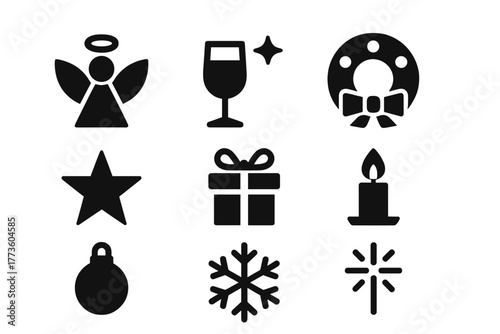 Christmas celebration silhouette icon set. featuring angel, wine, wreath, star, gift, candle, ornament