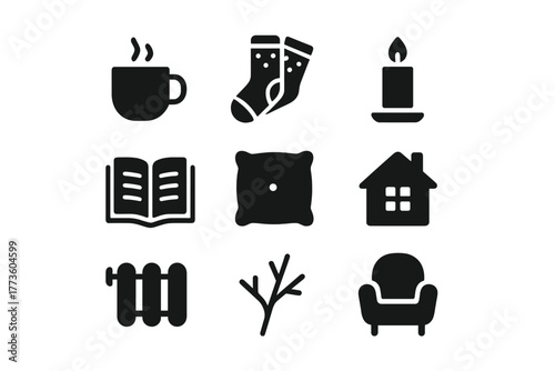 Winter comfort silhouette icon set. featuring cup, socks, candle, book, pillow, house, radiator, branch, chair