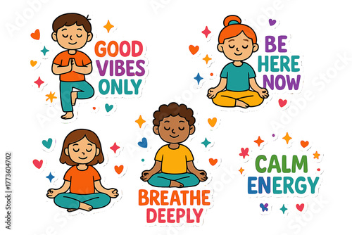 Motivational phrases flat icon set. featuring good vibes, be here now, breathe deeply, calm energy