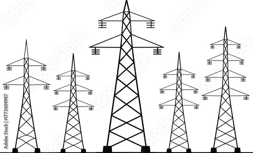 Illustration of five high voltage electrical power transmission towers, energy distribution, electrical infrastructure, electric poles, line art vector drawing design