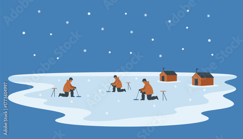 A scenic view captures a frozen lake with ice fishermen tending to their lines as snowflakes gently fall around them.