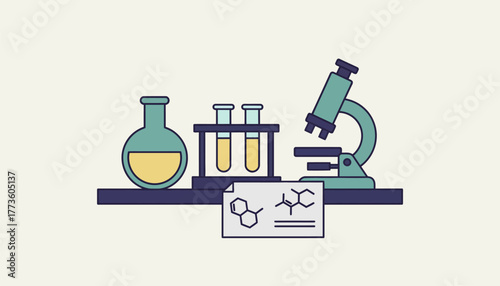 A science kit complete with beakers test tubes and a microscope arranged on a table with notes and diagrams of experiments.