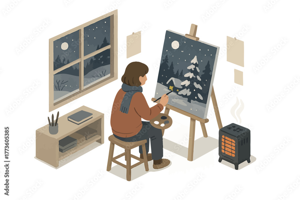 Fototapeta premium Young caucasian female painting winter scene indoors at night next to window