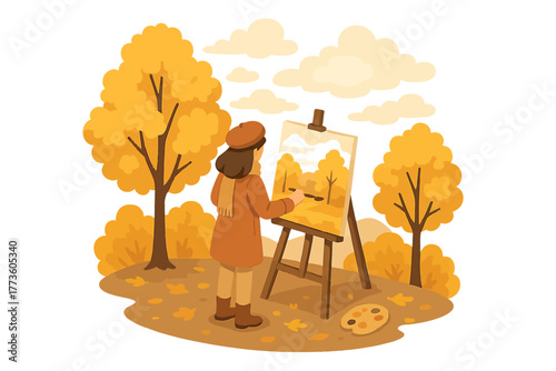 Female artist painting autumn scene in forest with orange trees
