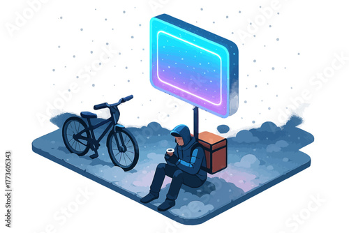 Young asian male food courier taking a break under neon sign in snowy urban setting