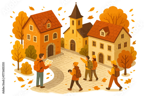 Autumn stroll in quaint village setting with travelers and historic church