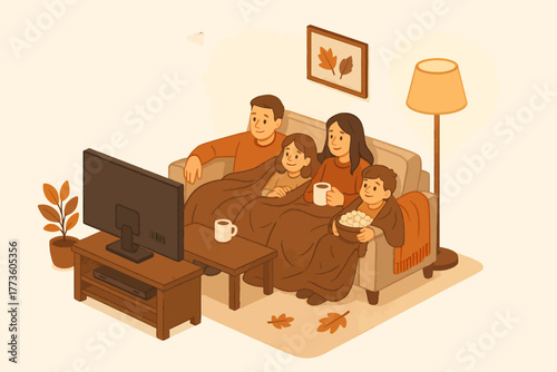 Cozy family movie night with snacks and blankets in a warm living room