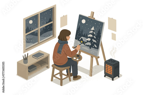 Young caucasian female painting winter scene indoors at night next to window
