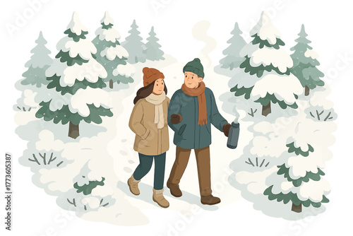 Young caucasian couple walking in snowy winter forest scene