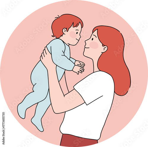 Illustration of loving mother holding baby, happy parenting moment, mother and child bonding in warm colors, family affection, maternal care, emotional connection and motherhood concept