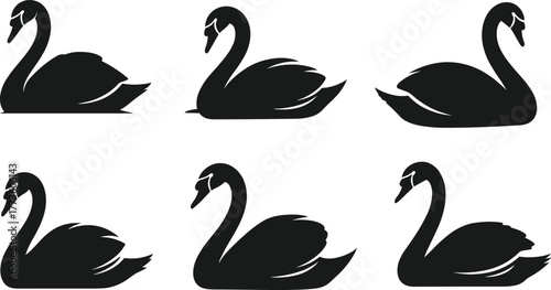 Black swan silhouette collection, elegant bird vector design, graceful animal illustration, minimalist wildlife art, decorative swan icons, stylish nature graphics