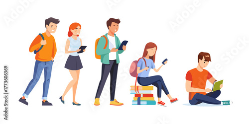 University student set isolated cartoon people. Vector young man and woman reads books, walk with smartphone, sit and talk. Communicating teenagers, first year college students, smart guys .vector ic
