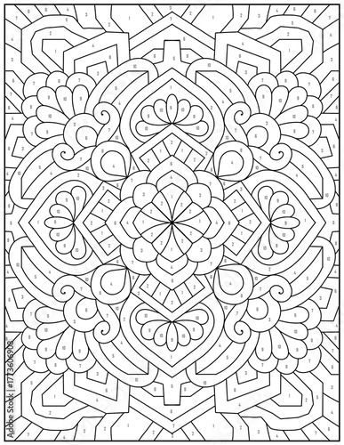Intricate mandala coloring page with numbered sections ready for creative coloring